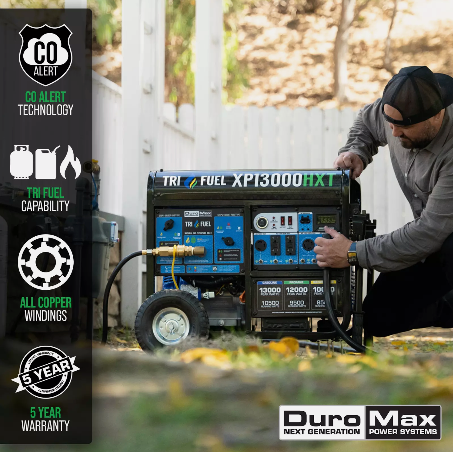 DuroMax XP13000HXT 13,000W Electric Start Tri-Fuel Portable Generator w/CO Alert